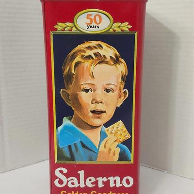 Salerno Golden Goodness Biscuit Tin Tall Red Metal Canister 50 Years Anniversary Child Artwork
