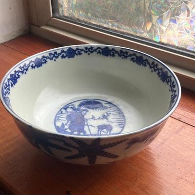 Chinese Blue & White Porcelain Bowl – Fisherman & Deer Landscape – 8.5" Excellent Condition