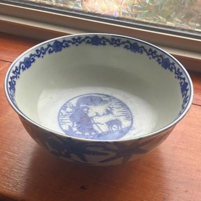 Chinese Blue & White Porcelain Bowl – Fisherman & Deer Landscape – 8.5" Excellent Condition