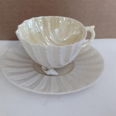 Beleek Irish Pottery Seashell Design Cup and Saucer