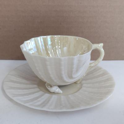 Beleek Irish Pottery Seashell Design Cup and Saucer