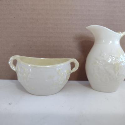Beleek Irish Pottery Ivy Design Cream Pitcher and Sugar Bowl