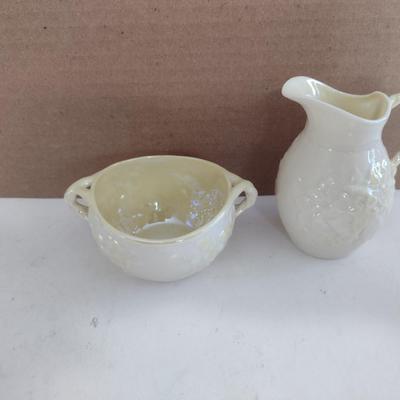 Beleek Irish Pottery Ivy Design Cream Pitcher and Sugar Bowl