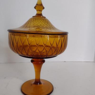 Vintage Amber Glass Pedestal Candy Dish with Lid