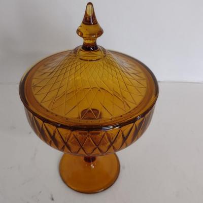 Vintage Amber Glass Pedestal Candy Dish with Lid