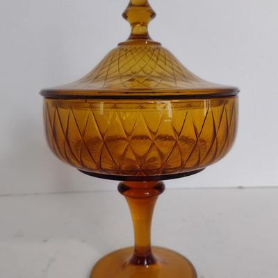 Vintage Amber Glass Pedestal Candy Dish with Lid