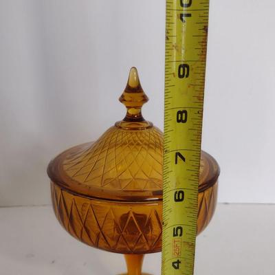 Vintage Amber Glass Pedestal Candy Dish with Lid