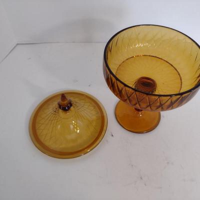 Vintage Amber Glass Pedestal Candy Dish with Lid