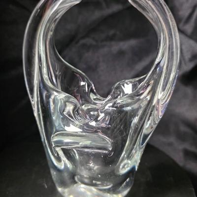 Vintage Hand-Blown Art Glass Basket Vase with Split Handle – Mid-Century Modern Clear Crystal