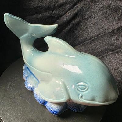 Vintage Blue Whale Ceramic Figurine Smiling Whale Coastal Nautical Decor Made in Brazil