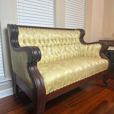 Vintage Tufted Settee / Loveseat with Carved Wood Arms