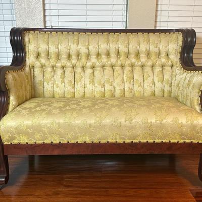 Vintage Tufted Settee / Loveseat with Carved Wood Arms