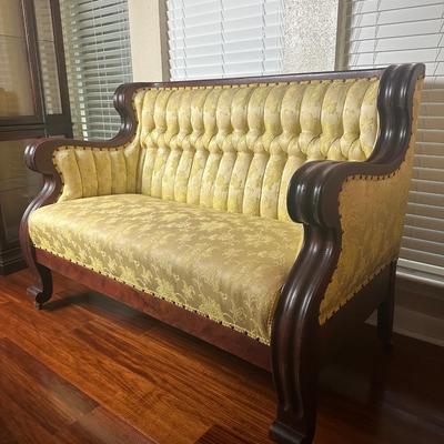 Vintage Tufted Settee / Loveseat with Carved Wood Arms