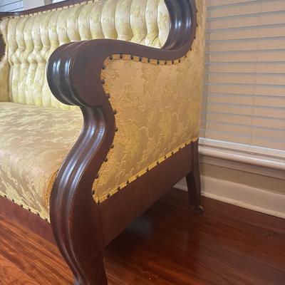 Vintage Tufted Settee / Loveseat with Carved Wood Arms
