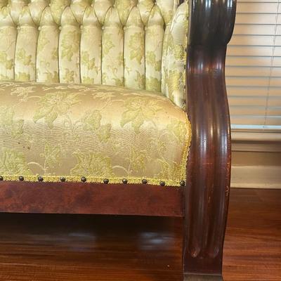 Vintage Tufted Settee / Loveseat with Carved Wood Arms