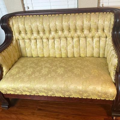 Vintage Tufted Settee / Loveseat with Carved Wood Arms