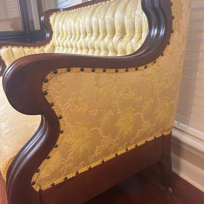 Vintage Tufted Settee / Loveseat with Carved Wood Arms