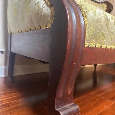 Vintage Tufted Settee / Loveseat with Carved Wood Arms