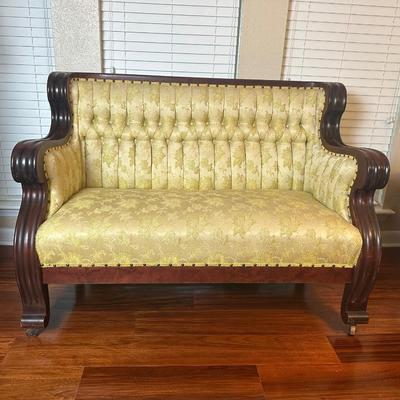 Vintage Tufted Settee / Loveseat with Carved Wood Arms