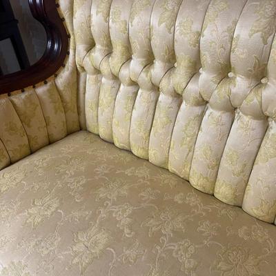 Vintage Tufted Settee / Loveseat with Carved Wood Arms
