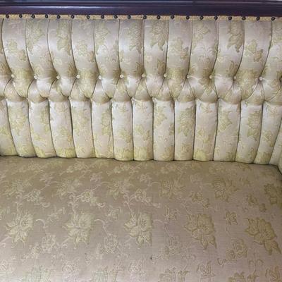 Vintage Tufted Settee / Loveseat with Carved Wood Arms
