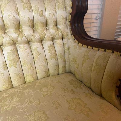 Vintage Tufted Settee / Loveseat with Carved Wood Arms