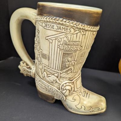 Jessie James Beer Stein & Vintage Handmade Wood Copper Banded Lidded Beer Barrel Style Stein