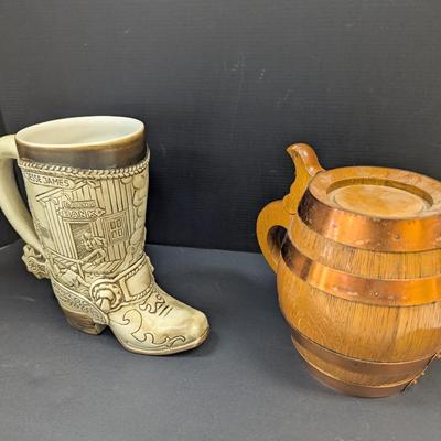 Jessie James Beer Stein & Vintage Handmade Wood Copper Banded Lidded Beer Barrel Style Stein