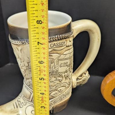 Jessie James Beer Stein & Vintage Handmade Wood Copper Banded Lidded Beer Barrel Style Stein