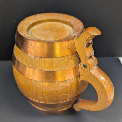 Jessie James Beer Stein & Vintage Handmade Wood Copper Banded Lidded Beer Barrel Style Stein