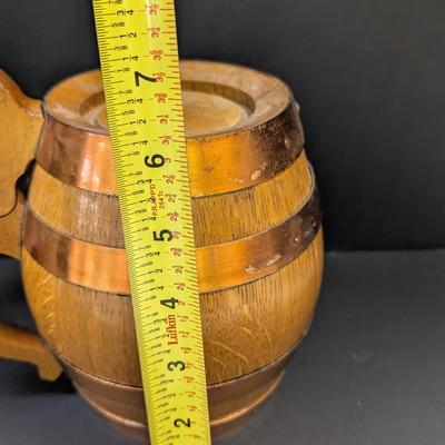 Jessie James Beer Stein & Vintage Handmade Wood Copper Banded Lidded Beer Barrel Style Stein
