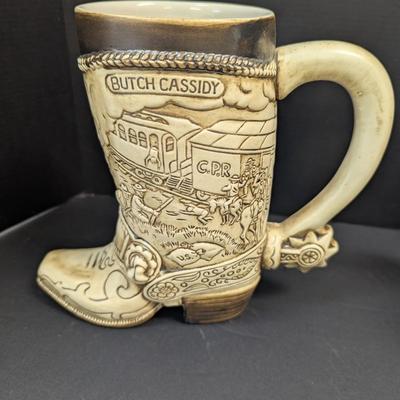 Jessie James Beer Stein & Vintage Handmade Wood Copper Banded Lidded Beer Barrel Style Stein