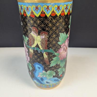 Vintage Chinese Enamel Cloisonne Cylinder Floral Vase Approx 9" Tall #1