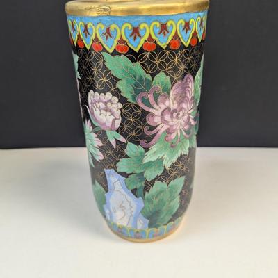 Vintage Chinese Enamel Cloisonne Cylinder Floral Vase Approx 9" Tall #1