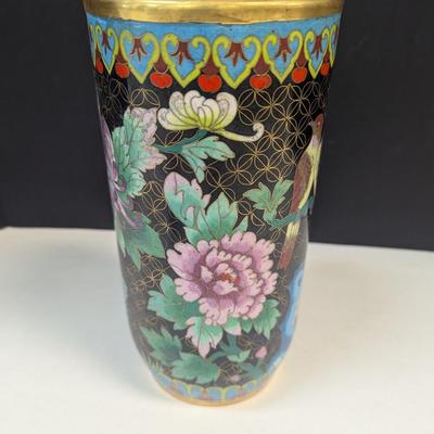 Vintage Chinese Enamel Cloisonne Cylinder Floral Vase Approx 9" #2