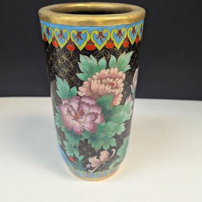 Vintage Chinese Enamel Cloisonne Cylinder Floral Vase Approx 9" #2