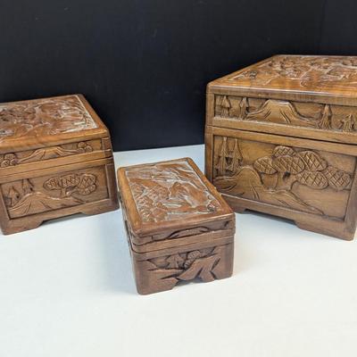 Asian Chinese Hand Carved Nesting Jewelry Chests