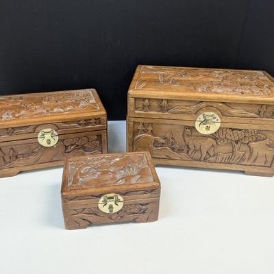 Asian Chinese Hand Carved Nesting Jewelry Chests