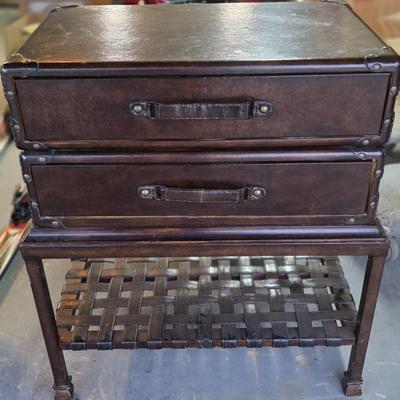 LOCAL PICKUP ONLY - Vintage Trunk Style Leather End Table with Two Drawers and Woven Shelf