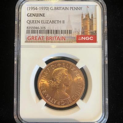 1962 UK QEII Penny – NGC Slabbed Genuine – Beautiful Large Bronze Coin!