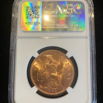 1962 UK QEII Penny – NGC Slabbed Genuine – Beautiful Large Bronze Coin!