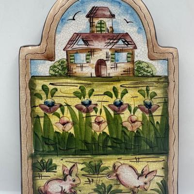 Vintage Hand Crafted & Painted Italian Artisan Heavy Clay Cute Bunny Wall Hanging Plaque