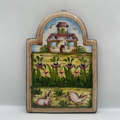 Vintage Hand Crafted & Painted Italian Artisan Heavy Clay Cute Bunny Wall Hanging Plaque