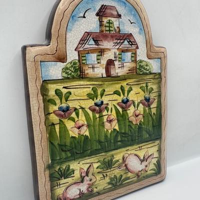 Vintage Hand Crafted & Painted Italian Artisan Heavy Clay Cute Bunny Wall Hanging Plaque