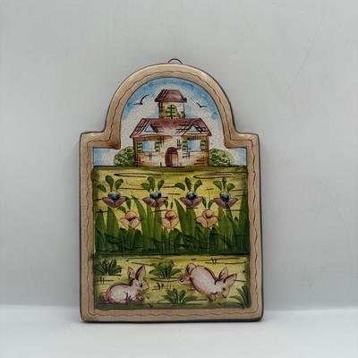 Vintage Hand Crafted & Painted Italian Artisan Heavy Clay Cute Bunny Wall Hanging Plaque