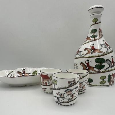 Crown Staffordshire Hunting Scene Bone China Decanter Set, England, 5 Pieces