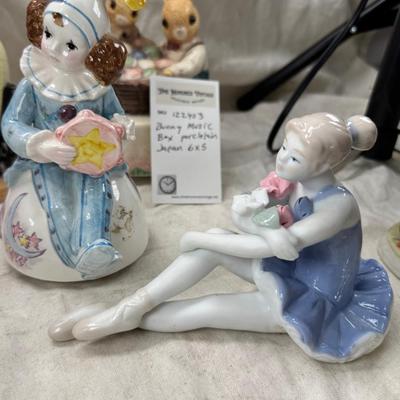 Sale Photo Thumbnail #224: Purple bohemian glass vase with small chip in rim, Resin camel 4 working music boxes, 1 Christmas snow globe.