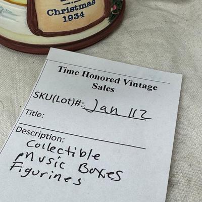 Sale Photo Thumbnail #235: Purple bohemian glass vase with small chip in rim, Resin camel 4 working music boxes, 1 Christmas snow globe.