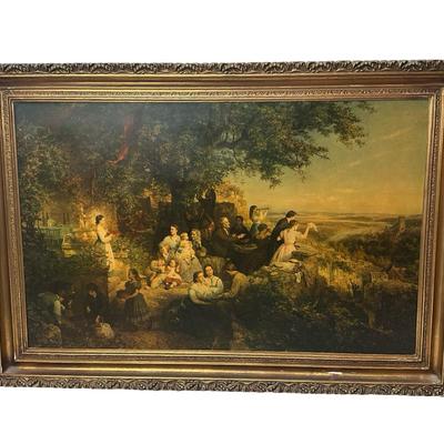 European Pastoral Scene Print in Ornate Gilt Frame