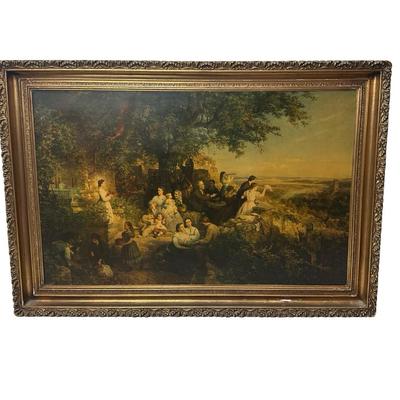 European Pastoral Scene Print in Ornate Gilt Frame